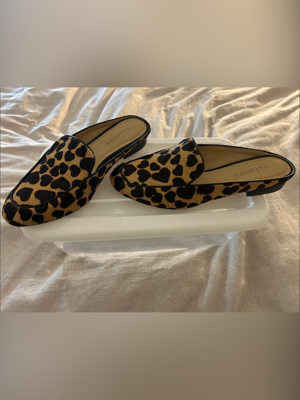 Talbots Leopard-Print Slip-On Mules in Tan and Black calf hair
